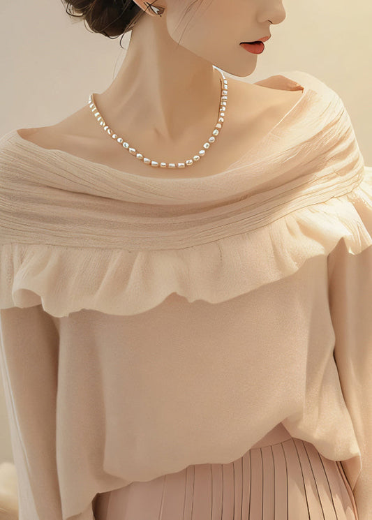 Apricot Slash Neck Ruffled Patchwork Knit Sweaters Spring