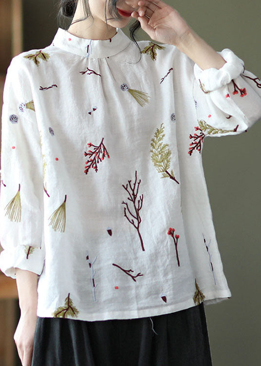 White Linen Stand Collar Shirt Top Long Sleeve