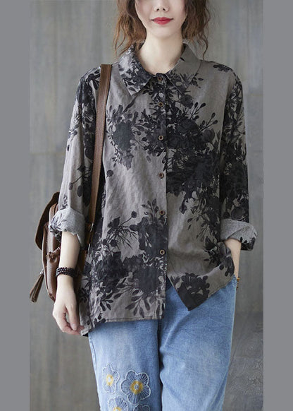 Unique Yellow Leopard Print Peter Pan Collar Button Print Fall Blouses Long Sleeve