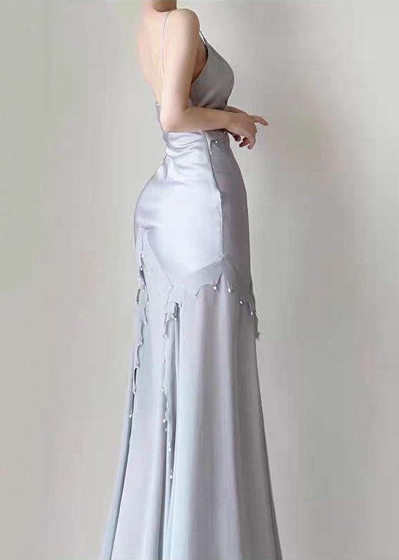 Blue Nail Bead Chiffon Patchwork Spaghetti Strap Dress Sleeveless