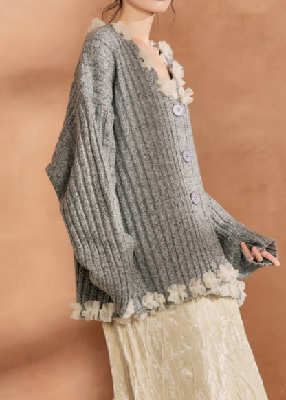 Grey Button Tulle Patchwork Cotton Knit Cardigan Winter