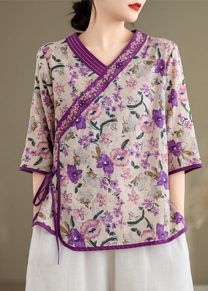 Handmade Purple Embroidered Print Linen Shirt Top Half Sleeve