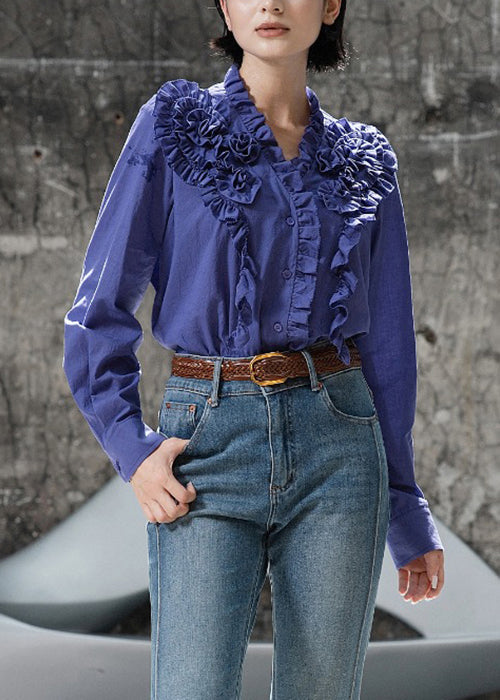 Purple Ruffled Cotton Fall Blouse Tops V Neck