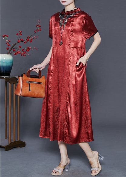 Red Mandarin Collar Embroidered Silk Dresses Summer