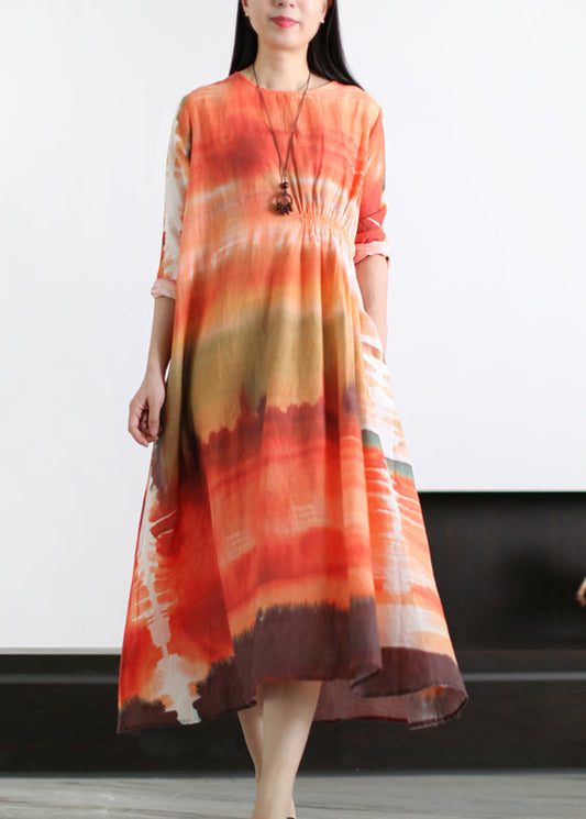 Orange O-neck Wrinkled Asymmetrical Linen Dress Long Sleeve