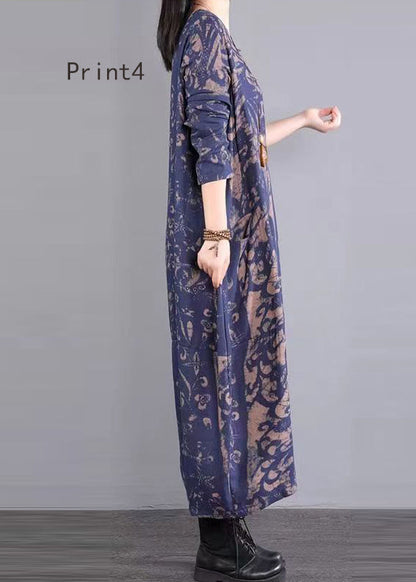 Print Patchwork Cotton Long Dresses V Neck Fall