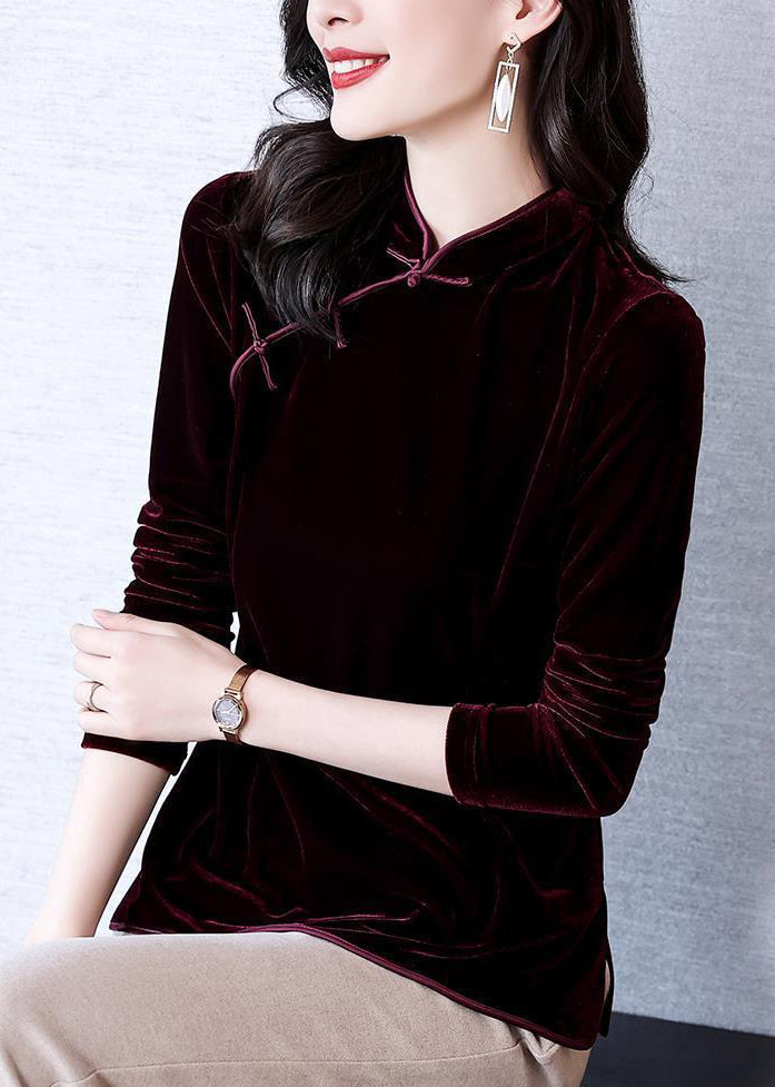 Mulberry Stand Collar Chinese Button Patchwork Velour Shirts Fall