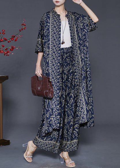Navy Print Silk Two Piece Set Clothing Oversized Summer