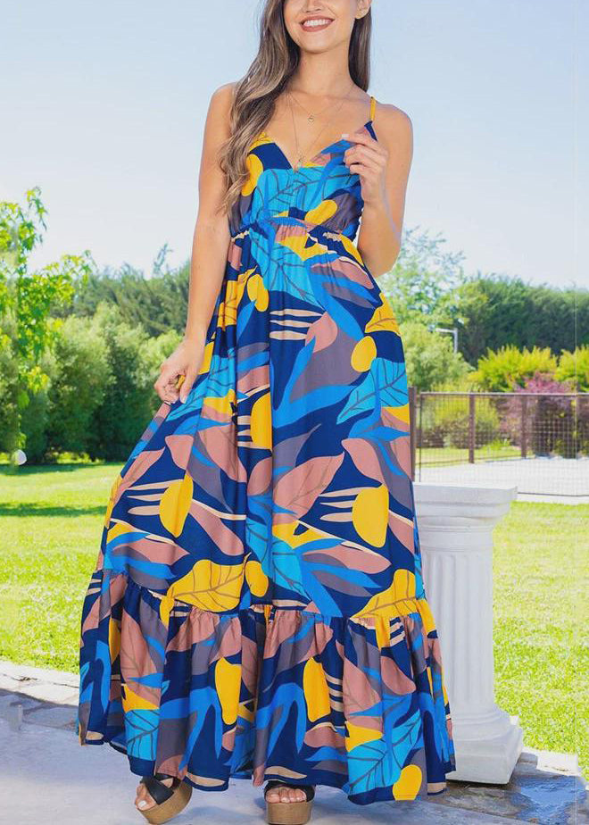Green V Neck Print Cotton Vacation Spaghetti Strap Dresses Sleeveless