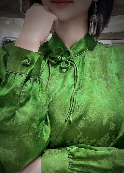 Chinese Style Green Stand Collar Side Open Jacquard Silk Top Long Sleeve