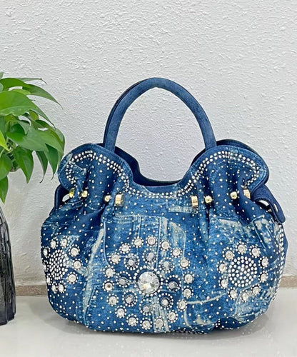 Fine Blue Zircon Durable Denim Tote Handbag