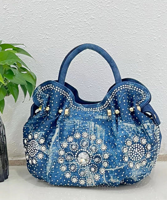Fine Blue Zircon Durable Denim Tote Handbag