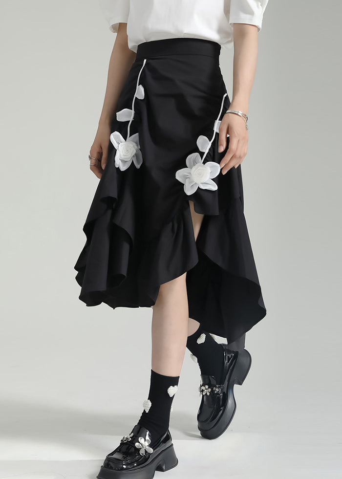Black Wrinkled Asymmetrical Patchwork Cotton Skirt Fall