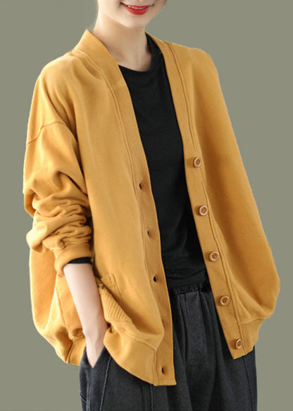 Yellow V Neck Pockets Coats Long Sleeve