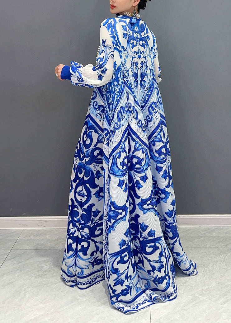 Fall New Blue and White Porcelain Print Chiffon Pleated Long Dress