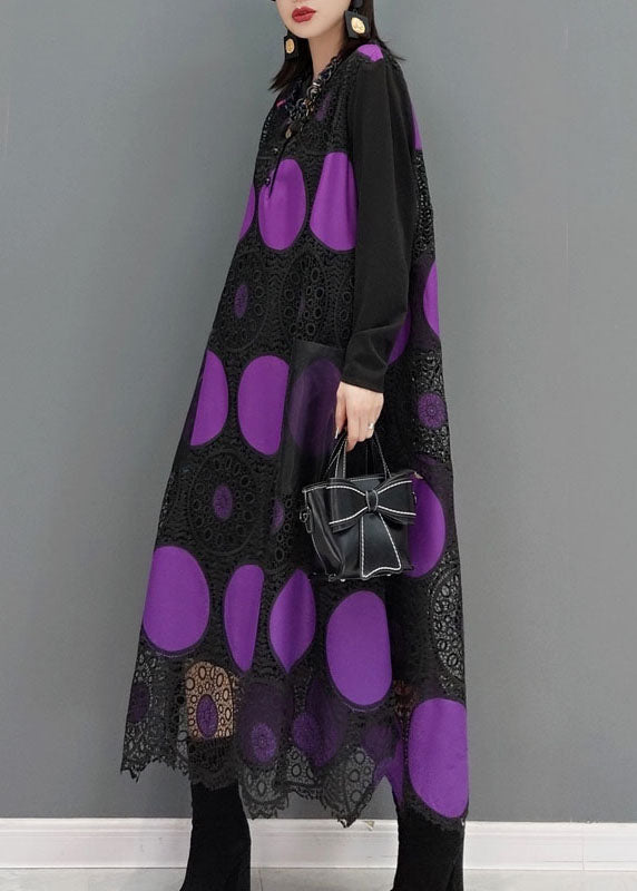 Purple Pockets Dot Print Patchwork Lace Maxi Dress Spring