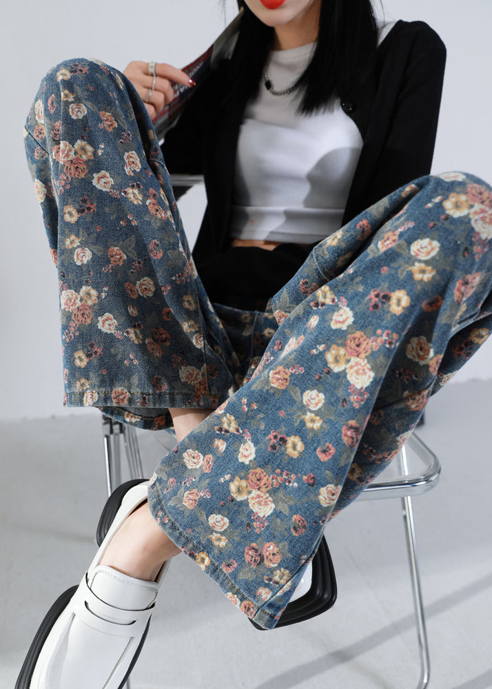 Navy Oversized Print Warm Fleece Denim Straight Pants Winter