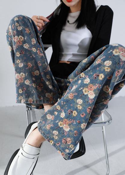 Navy Oversized Print Warm Fleece Denim Straight Pants Winter