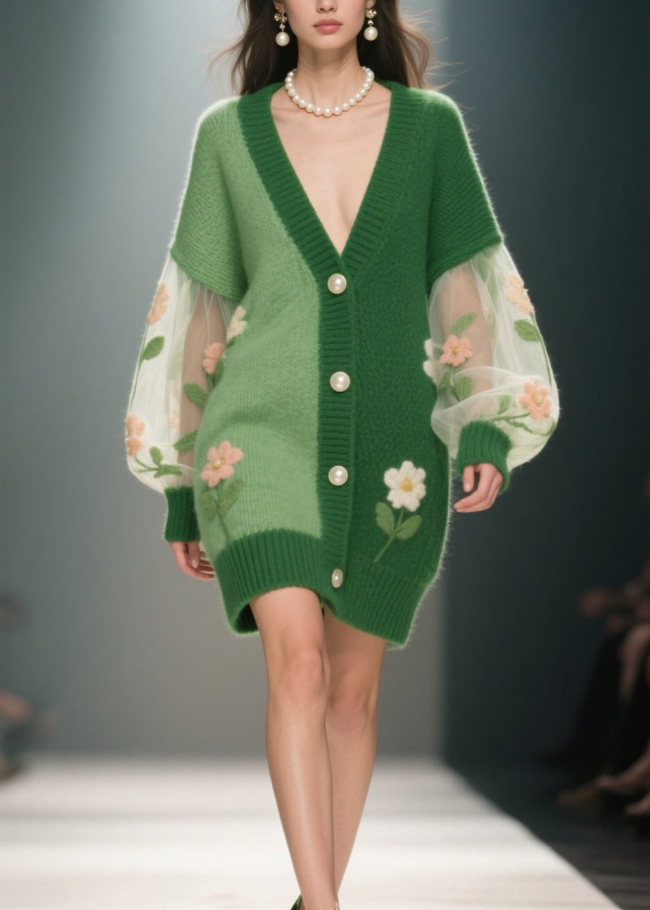 Green V Neck Patchwork Knit Cardigan Fall