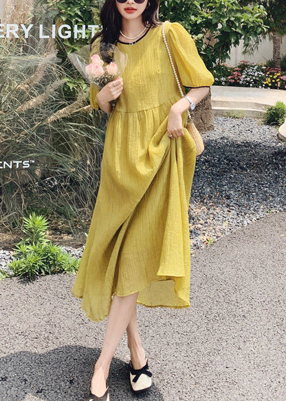 Yellow O Neck Patchwork Cotton Dress Summer