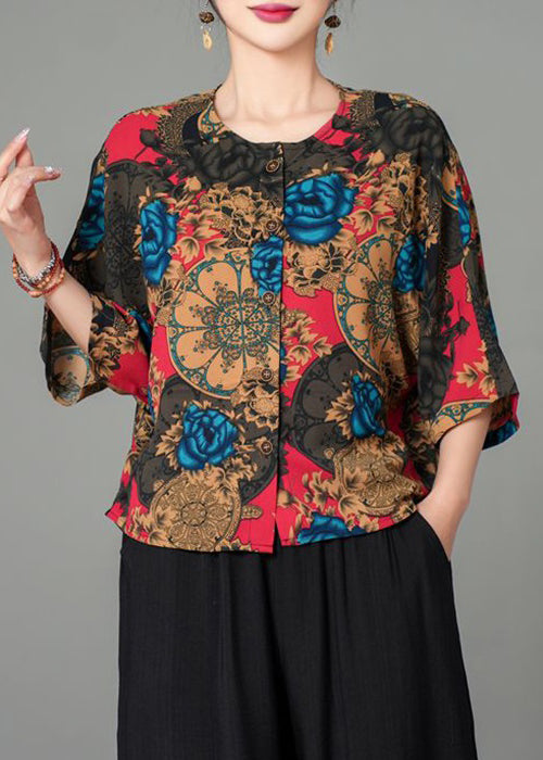 Blue Button Print Cotton Blouse Bracelet Sleeve