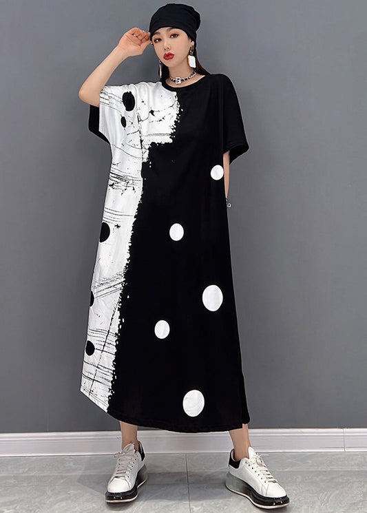 Black White Patchwork Dot Print Cotton Sweatshirt Long Dress Short Sleeve