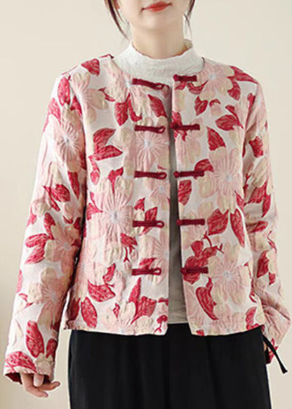 Red O Neck Print Button Pockets Thick Coats Winter