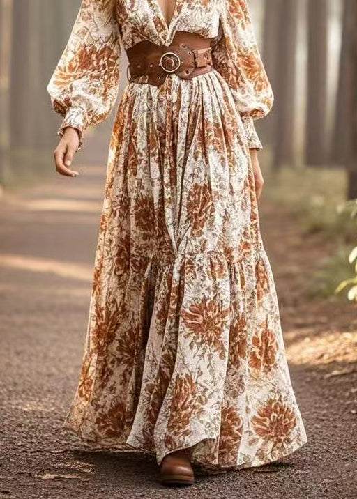 Khaki Cinched Print Cotton Maxi Dresses Spring