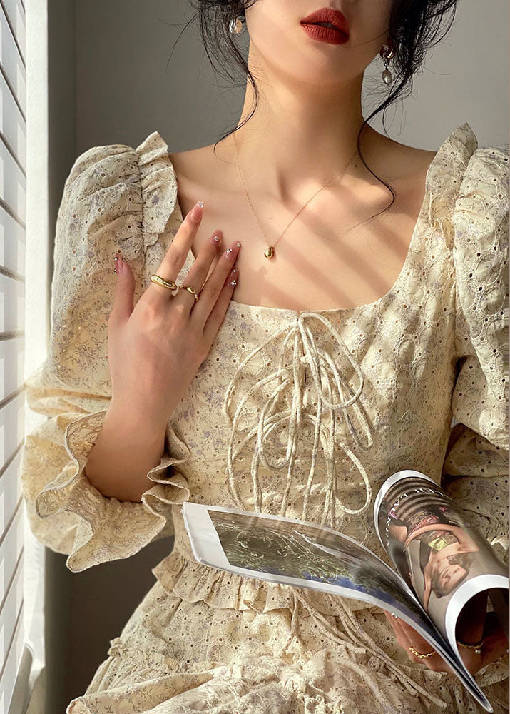 Beige Square Collar Ruffled Print Cotton Dress Two Piece Set Long Sleeve