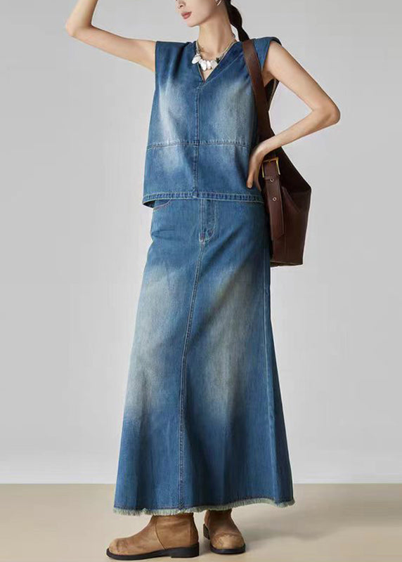 Handmade Denim Blue Patchwork Top and Jeans Two Piece Set Summer