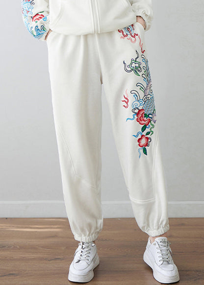 White Embroideried High Waist Pockets Beam Pants Fall