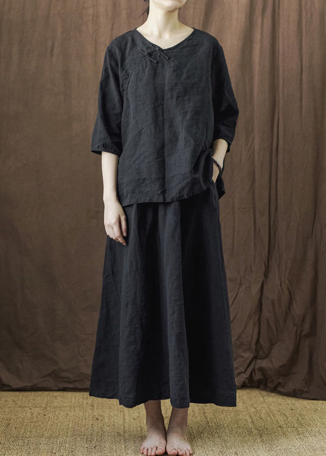New Black Button Tops and Skirts Linen Two Piece Set Bracelet Sleeve