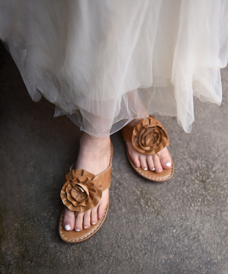 Boutique Brown Cowhide Leather Flip Flops Splicing