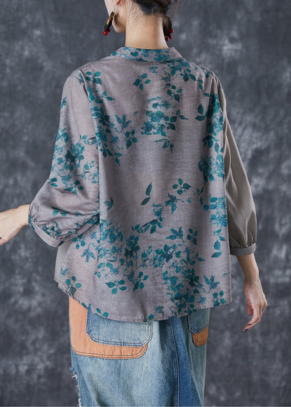 Grey Chinese Style Patchwork Print Linen Blouse Top Fall