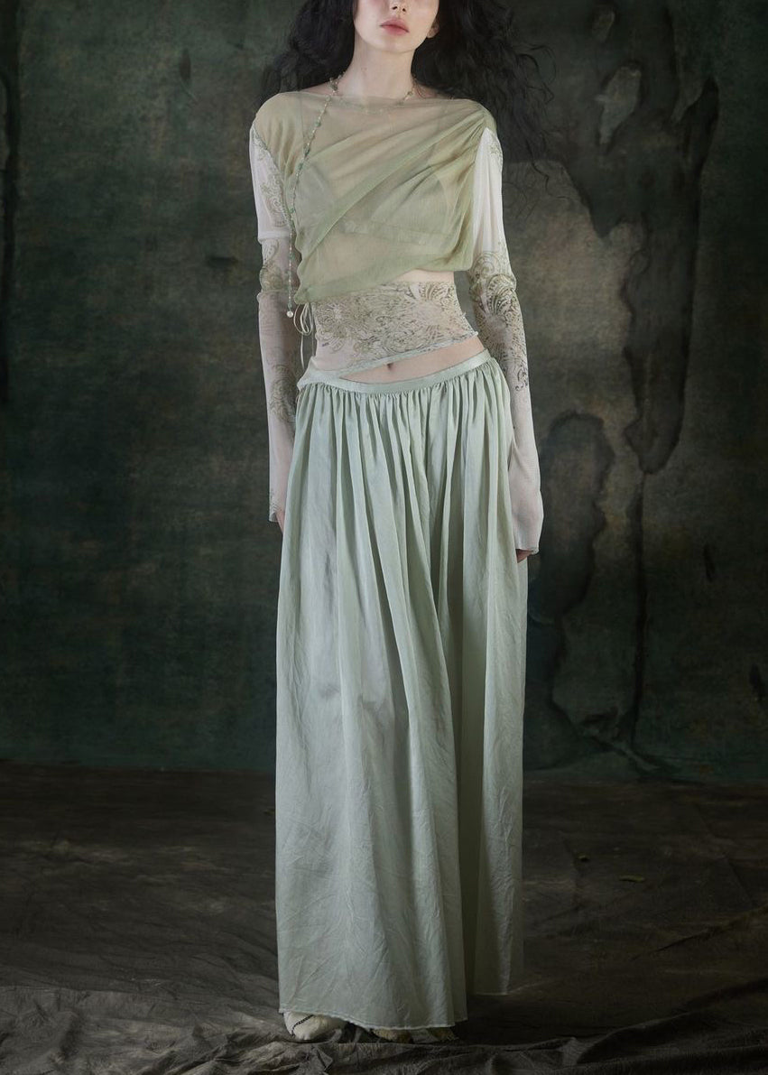 Slim Fit Cyan Tulle Embroidered Patchwork Tulle Top and Maxi Skirts Two Pieces Set Long Sleeve