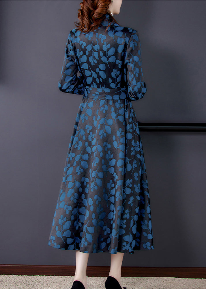 Notched Print Pockets Tie Waist Silk Trench Coats Long Sleeve