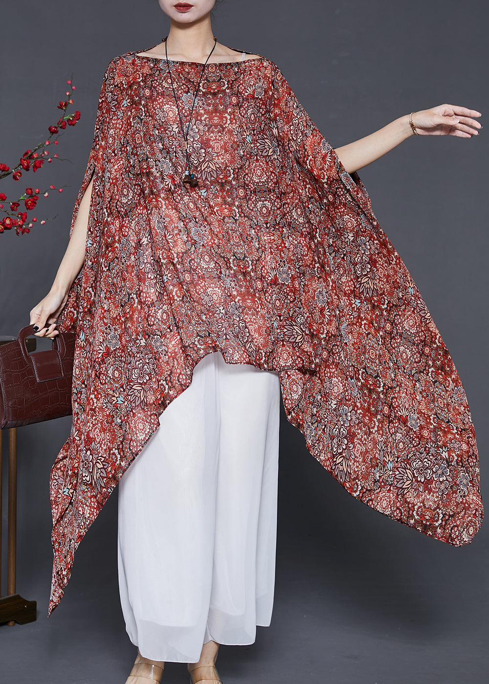 Khaki Asymmetrical Print Silk Long Smock Summer