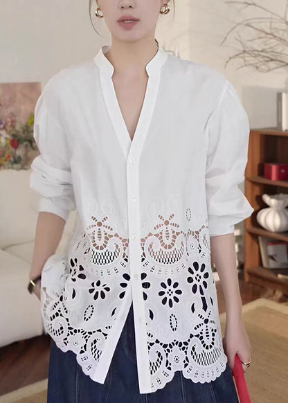 White V Neck Hollow Out Cotton Blouse Tops Fall