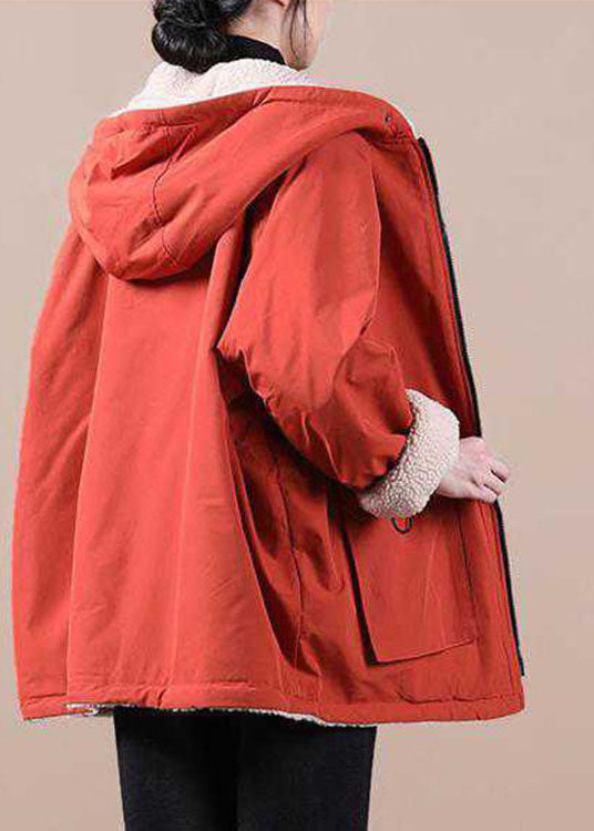 Orange Hooded Zippered Pockets Loose Winter Parkas Coat