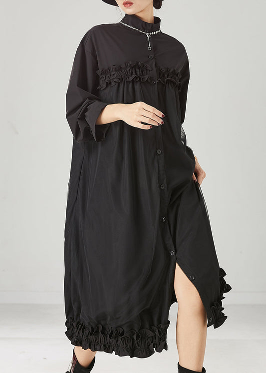 Black Ruffled Patchwork Tulle Cotton Maxi Dress Spring