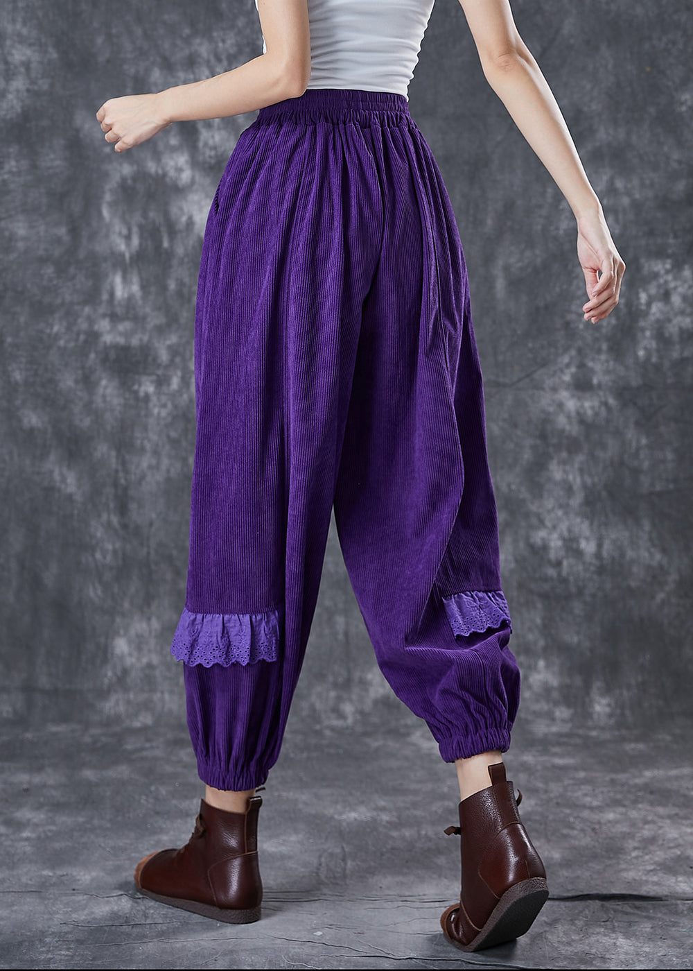 Dull Purple Embroideried Patchwork Corduroy Pants Fall
