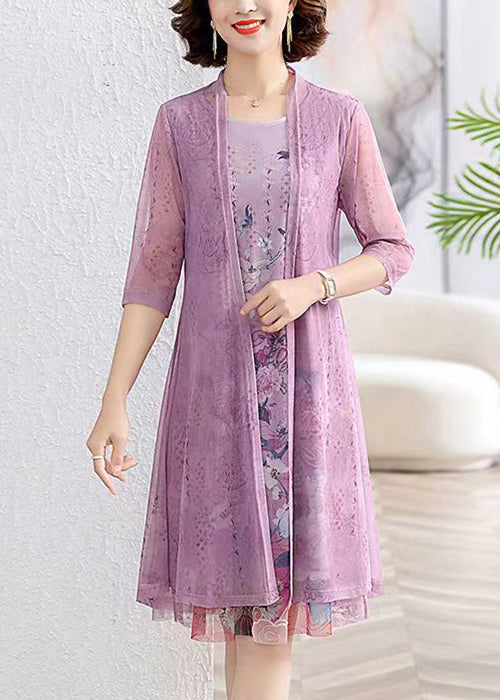Purple Print Patchwork Chiffon Two Pieces Set O-neck Summer