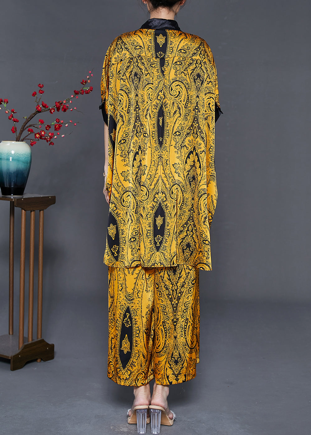 Style Yellow Oversized Print Silk Two Pieces Set Summer