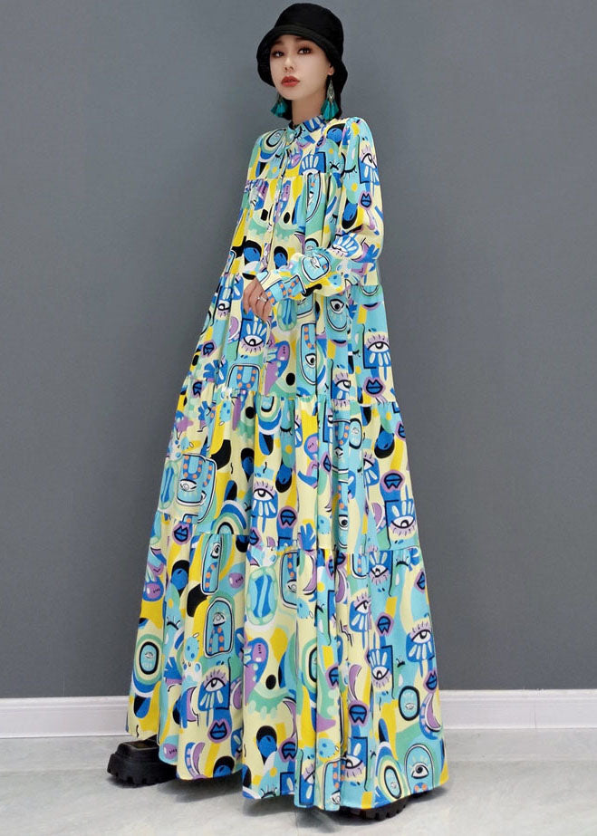 Blue Print Patchwork Cotton a Line Long Dress Stand Collar Long Sleeve