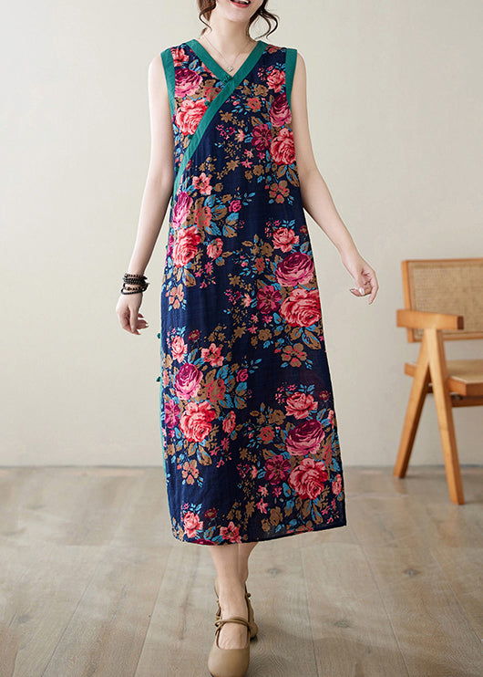 Style Navy Print Side Open Linen Dresses Sleeveless