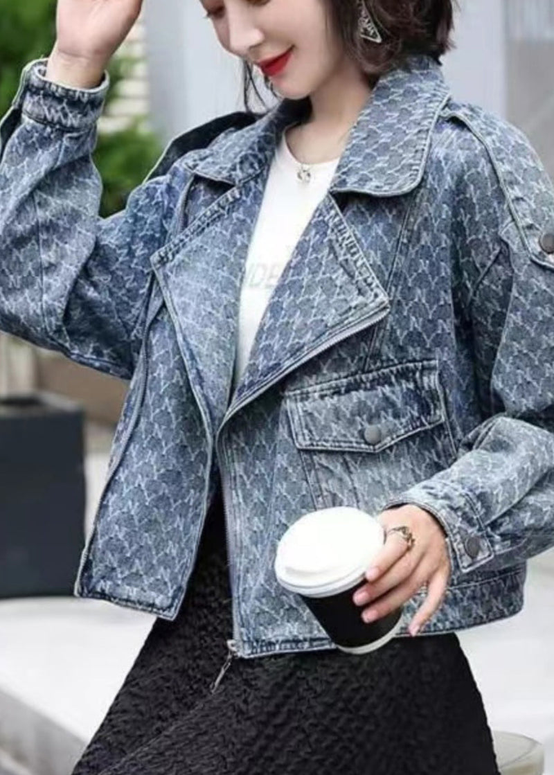 Denim Blue Notched Zippered Plaid Coat Long Sleeve