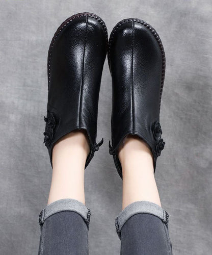 Brown Cowhide Leather Warm Fleece Boots Zippered Ankle Boots