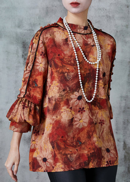 Orange Stand Collar Print Chiffon Blouses Spring