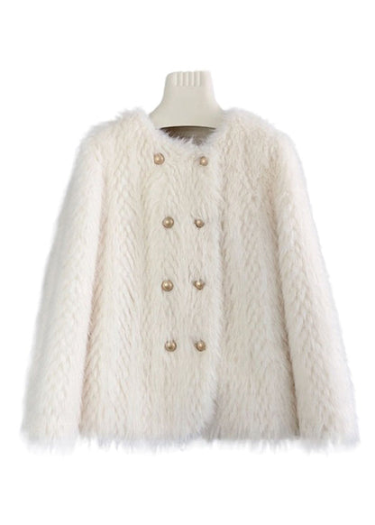 Beige O Neck Double Breast Mink Cashmere Coats Winter