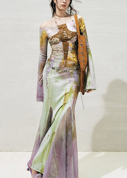 Slash Neck Print Tulle Patchwork Long Dresses Fall
